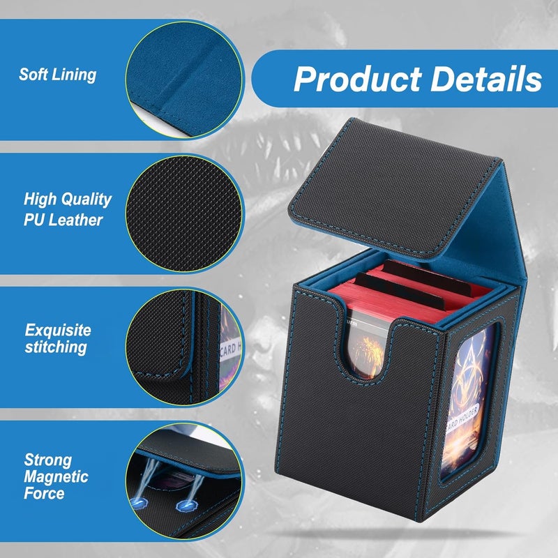 Stepane MTG Deck Box, Double Display Window MTG, Commander Deck Box Fits 120+ Single Sleeved Cards, PU Leather Magnetic Closure Card Box with 2 Dividers&2 Toploaders for TCG, CCG, Black/Blue - Image 2